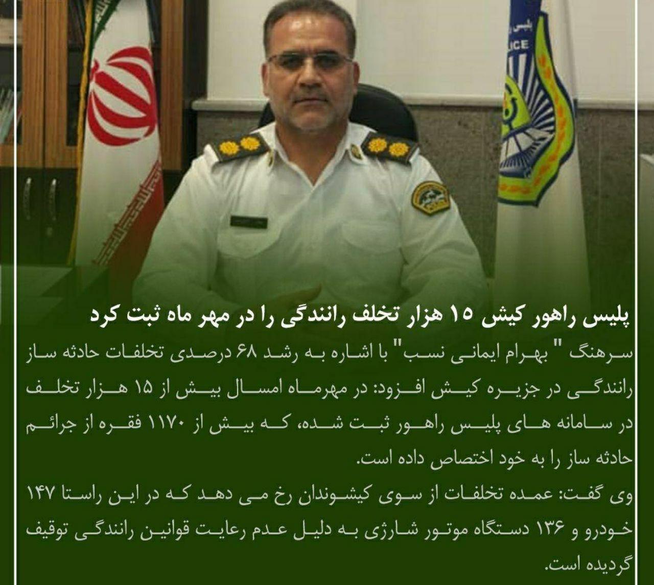 پلیس راهور کیش 15 هزار تخلف رانندگی را در مهر ماه ثبت کرد
